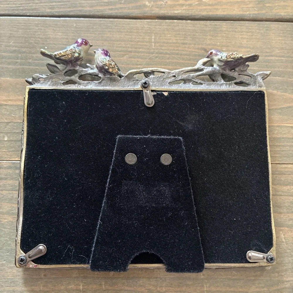Metal Enamel Picture Frame with Birds and Vines Rhinestones 4 X 5